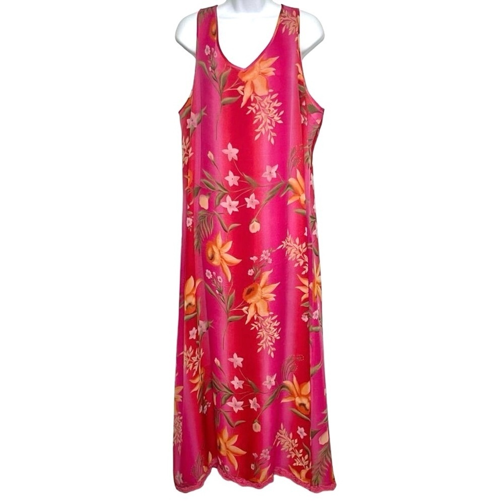 Silks by I.S.C. Silk Sleeveless V Neck Tropical Print Lined Maxi Dress Size XL